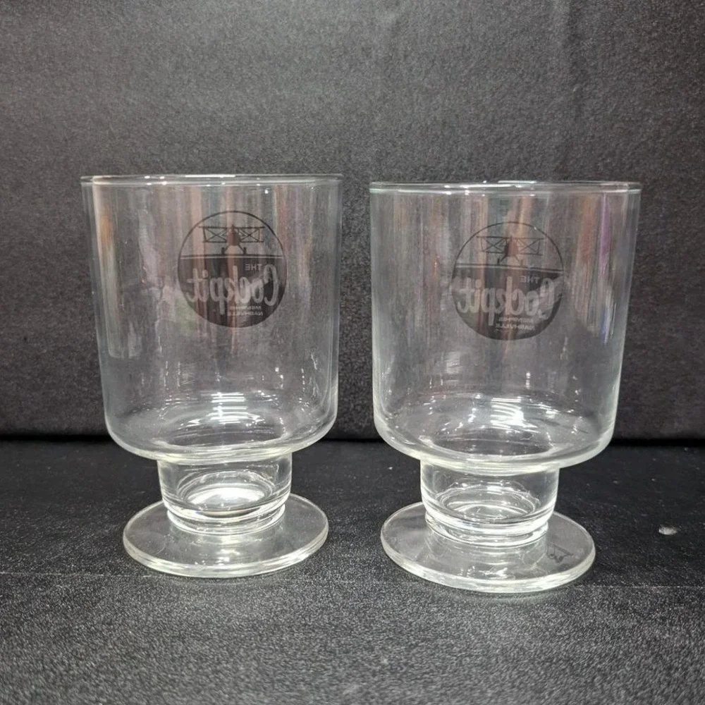 Cockpit Ale Beer Clear Pedestal Glasses, Set‎ of 2, Vintage Memphis Memorabilia